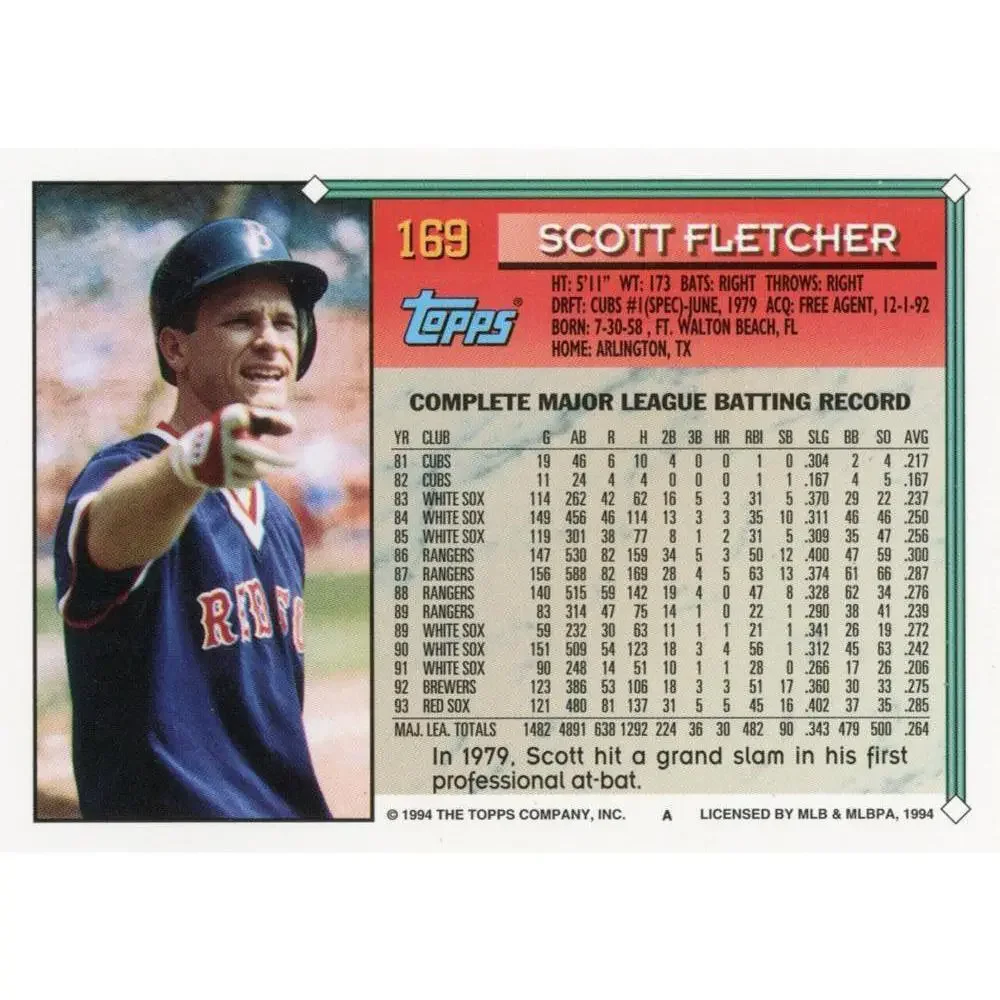 1994 Topps Scott Fletcher # 169 Boston Red Sox
